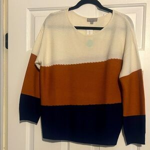 Evolution by Cyrus Tarley Color Block Sweater. Size M
Cream, copper, navy blue.